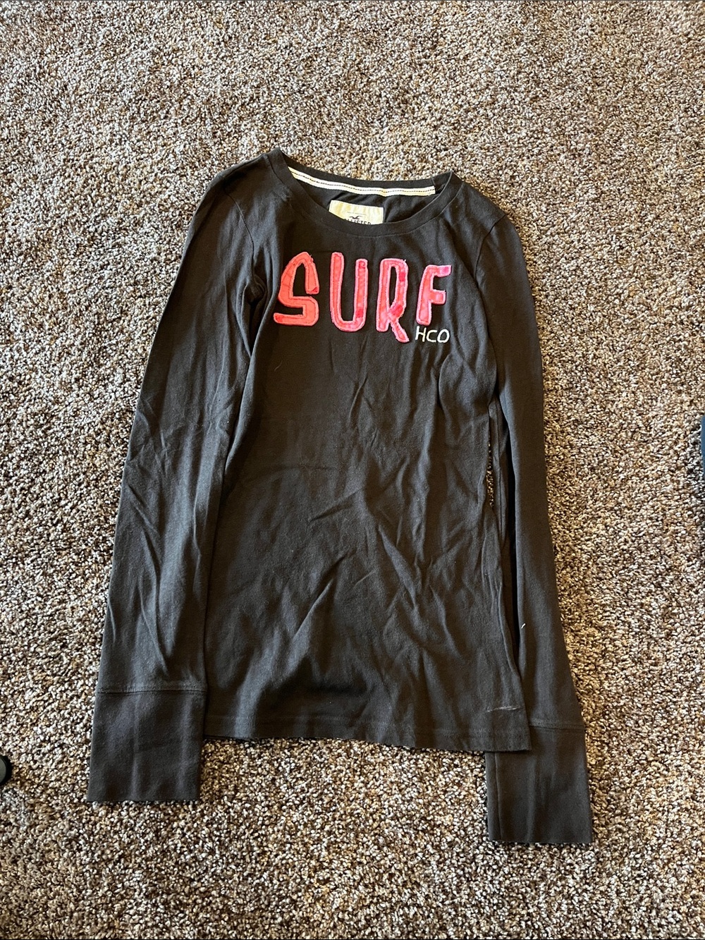 Hollister Brown Long Sleeve Tee with Pink 'SURF' Applique